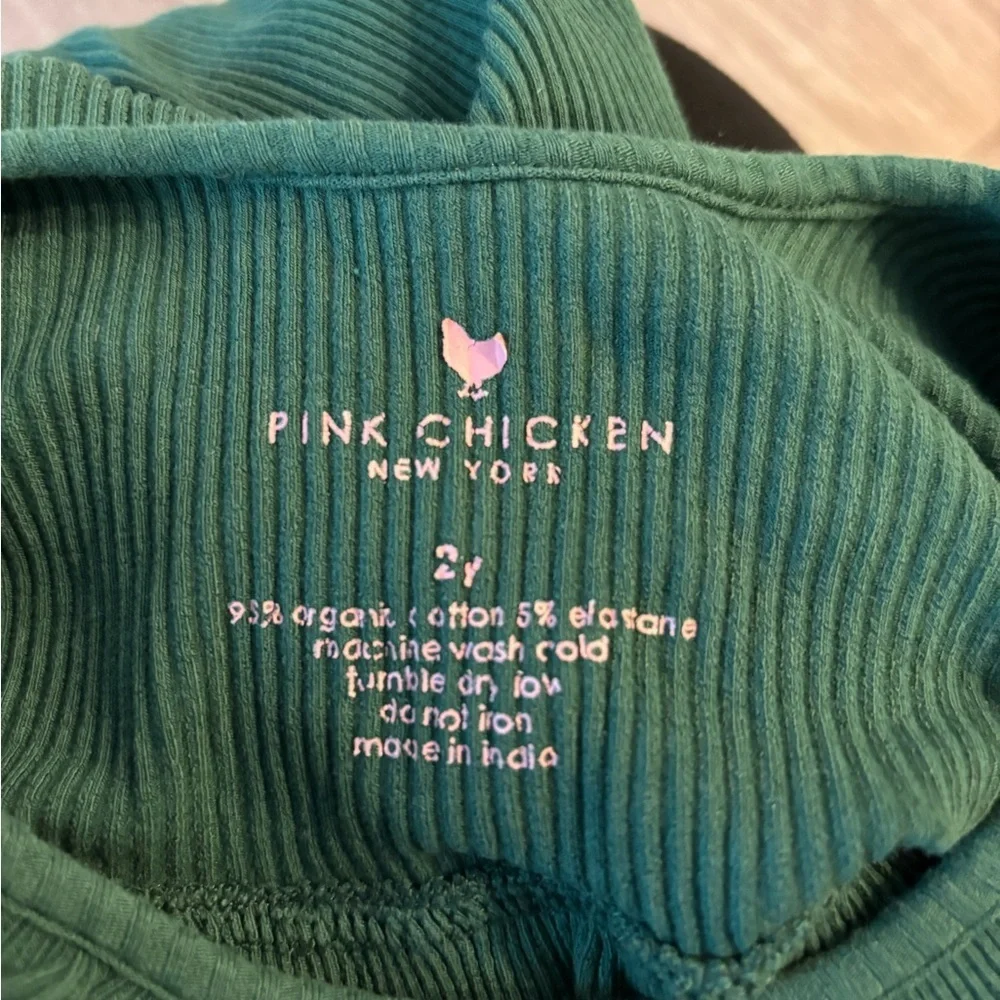 Pink Chicken Teal Kids Dress with Ruffled Neckline